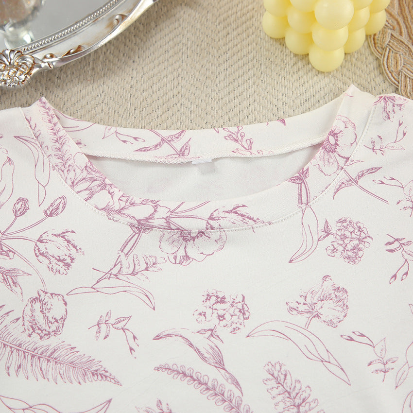 Autumn Casual Home Wear round Neck Short Sleeve Ruffled Shorts Two Piece Knitted Printed Pajamas for Women - Iyanka