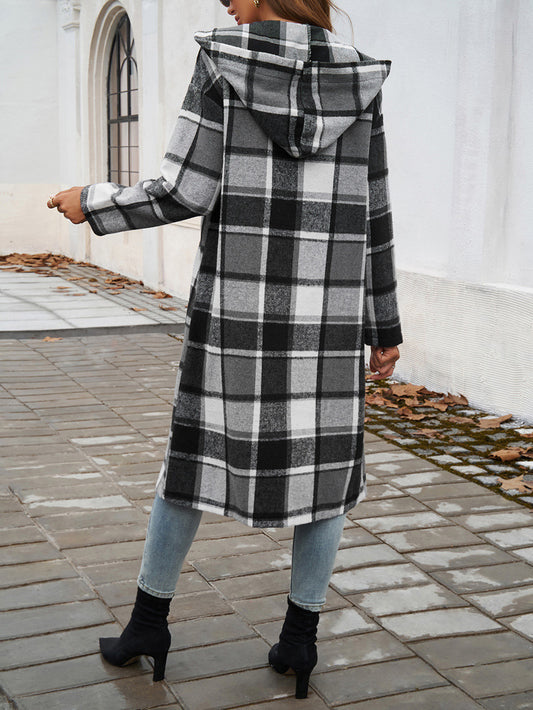 Women Autumn Winter Clothing Casual Loose Contrast Color Breasted Hooded Jacket - Iyanka