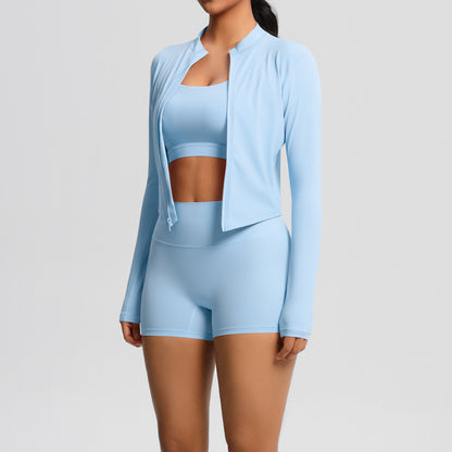 Solid Color Cloud Sense Yoga Bra Sports Coat Pilates Running Shorts Fitness Yoga Wear Three Piece Set for Women - Iyanka