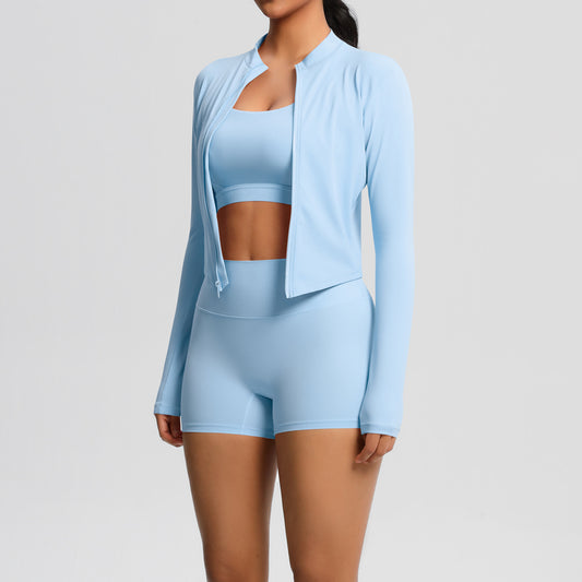 Solid Color Cloud Sense Yoga Bra Sports Coat Pilates Running Shorts Fitness Yoga Wear Three Piece Set for Women - Iyanka