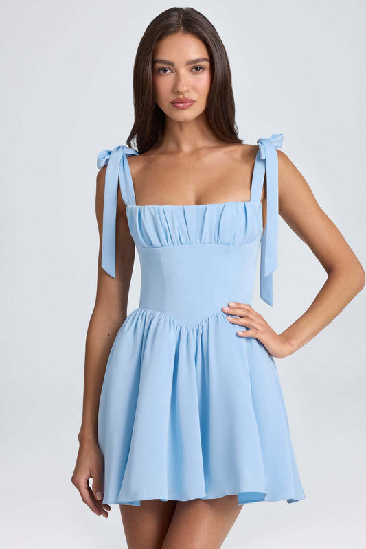 Summer Women Clothing Square Collar High Waist Ruched Stitching Strap Suspenders Puff Dress