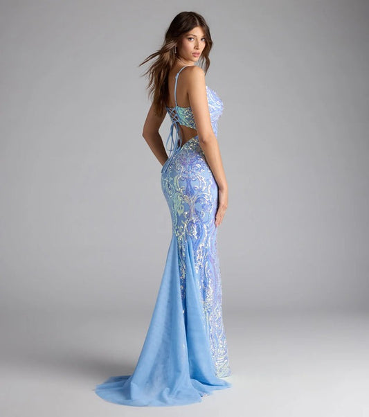 Women Party V neck Blue SequinSexy Dress Evening Dress - Iyanka