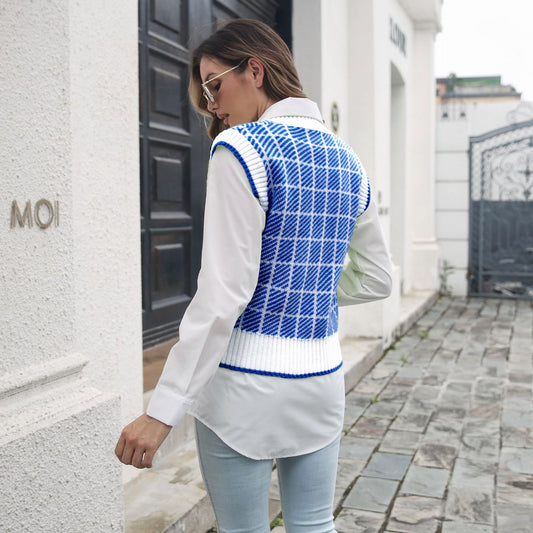Plaid V-neck Vest Sweater Women Vest Outer Wear Inner Wear Autumn Winter Striped Knitwear Sweater - Iyanka