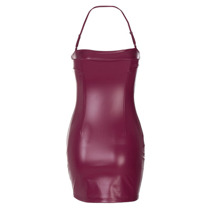 Women Clothing Spring Faux Leather Sexy Solid Color Tube Top Halter Sexy Tight Hip - Iyanka