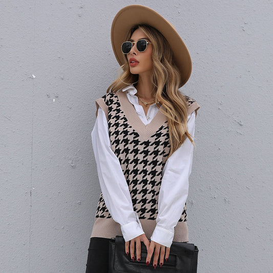 Early Autumn Women Wear Mid Length Houndstooth Sweater Vest for Women - Iyanka