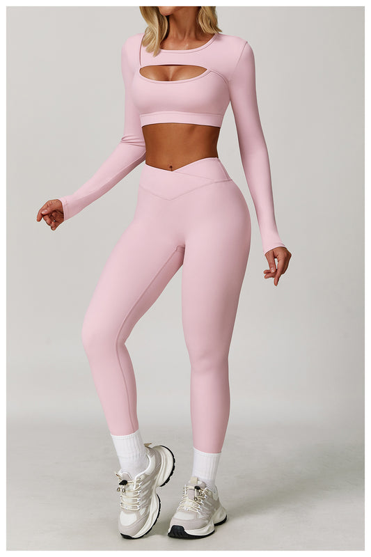 Nude Feel Tight Yoga Long Sleeve Shockproof Sports Hollow Out Cutout T shirt Running Workout Yoga Top - Iyanka