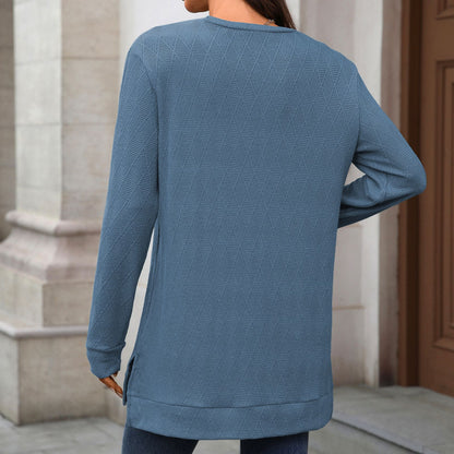 Autumn Winter round Neck Geometric Abstract Jacquard Loose Fitting Long Sleeved T shirt Top Women - Iyanka