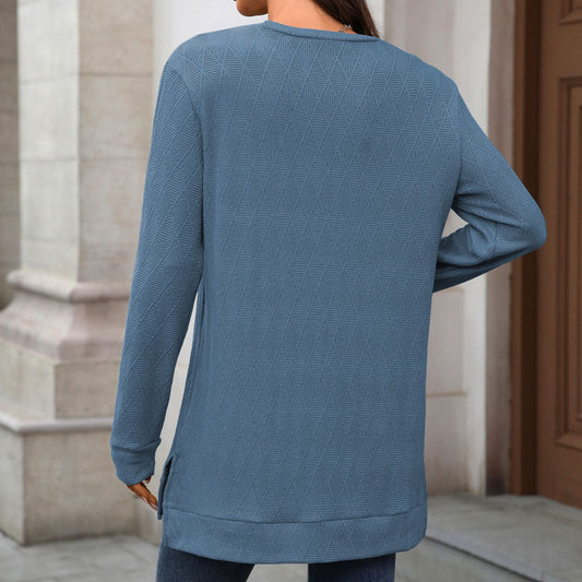 Autumn Winter round Neck Geometric Abstract Jacquard Loose Fitting Long Sleeved T shirt Top Women - Iyanka