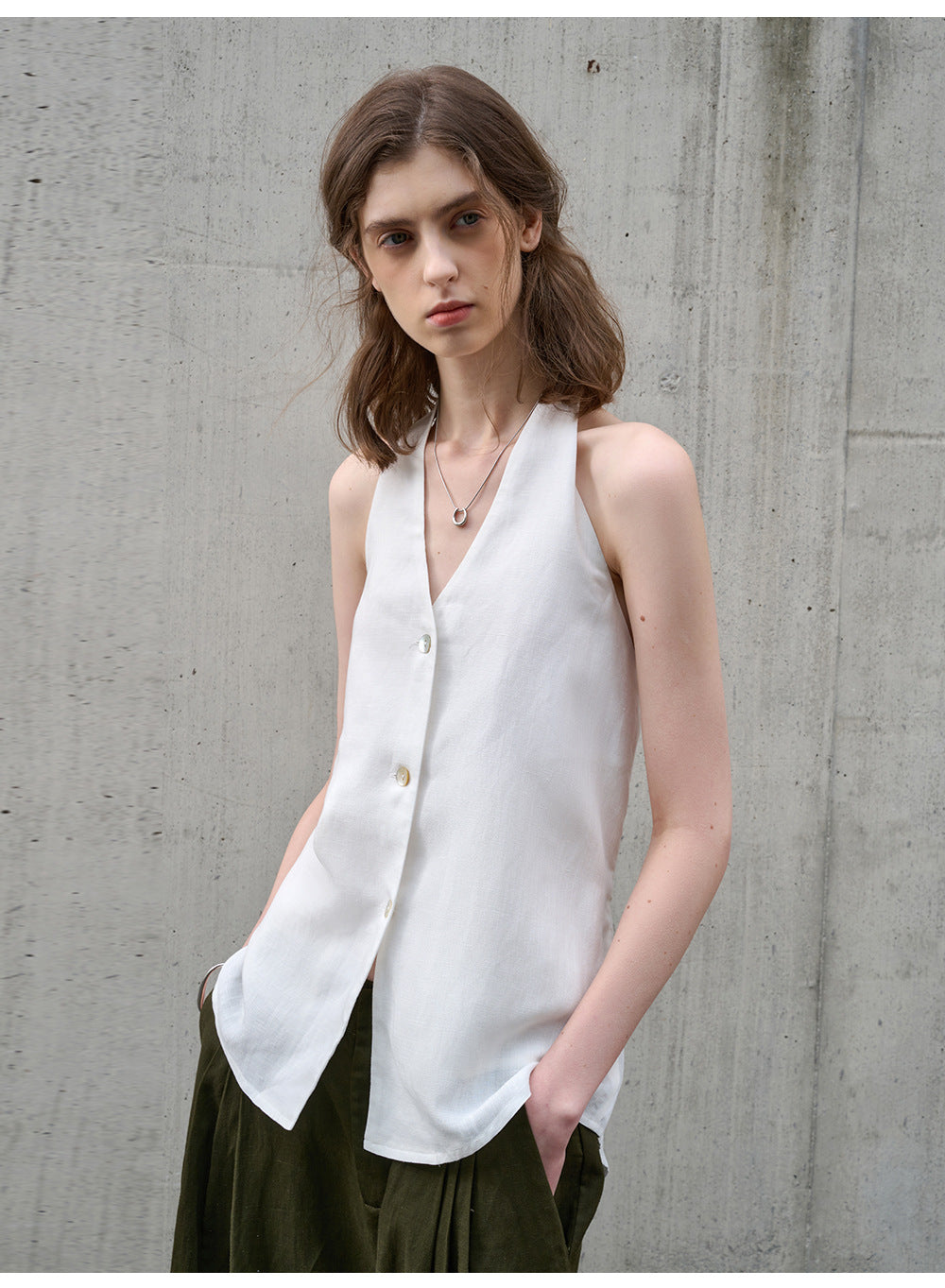 Elegance Retro V neck Halter Sling Women Tencel Linen Bare Back Lace up Sleeveless Top Linen Sexy Vest Summer - Iyanka