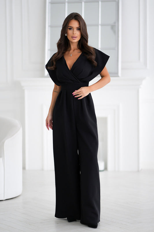 Women Summer Elegance Office V neck Tight Waist Solid Color One Piece Trousers - Iyanka