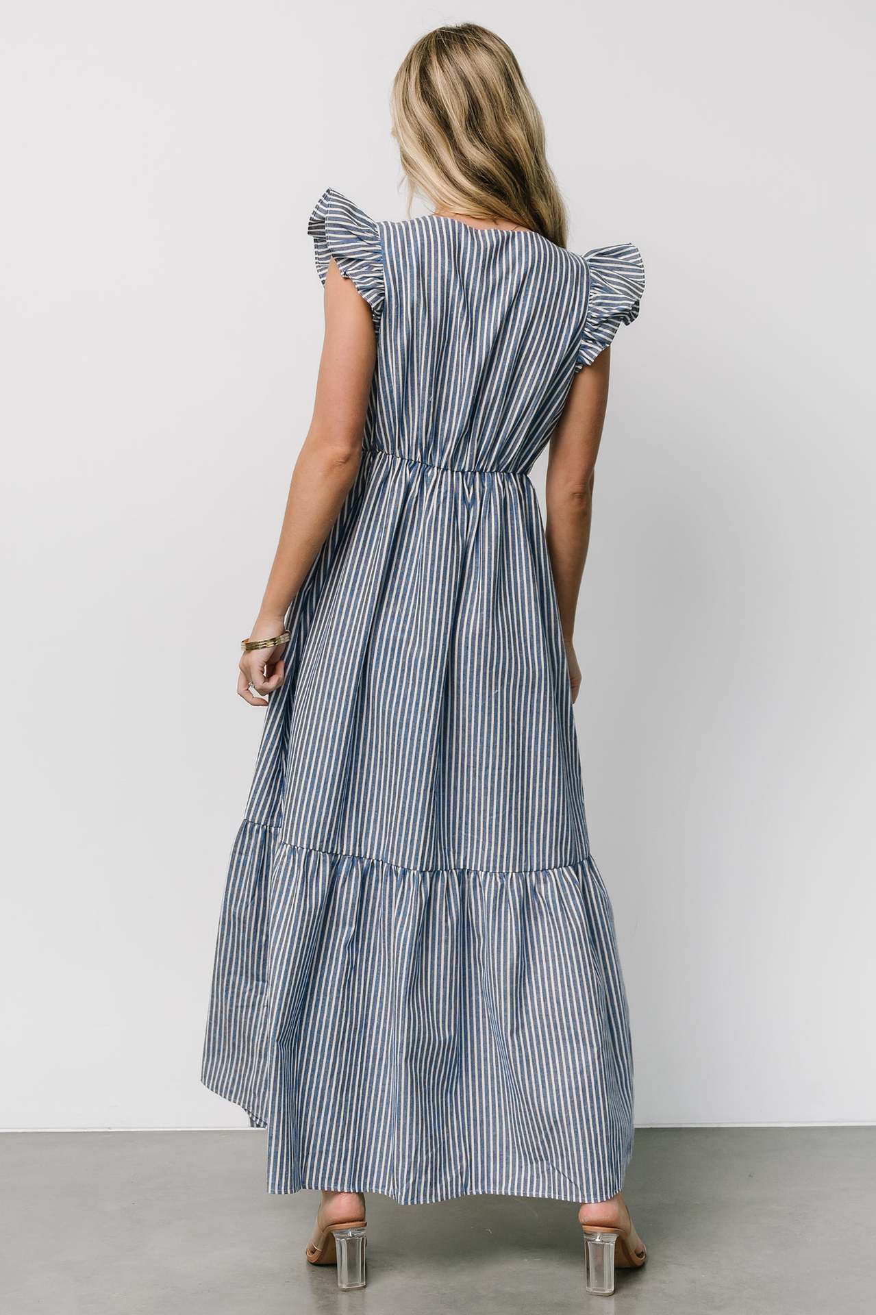 Women Clothing Striped Print Holiday Maxi Dress Bohemian V neck Shirt Dress