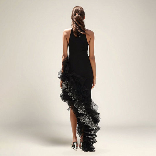 Ruffled Black Mesh Asymmetric Dress Long Party Sexy Cocktail Bandage Dress for Women - Iyanka