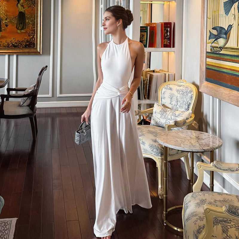 women-clothing-solid-color-sleeveless-halter-backless-pleated-a-line-maxi-dress