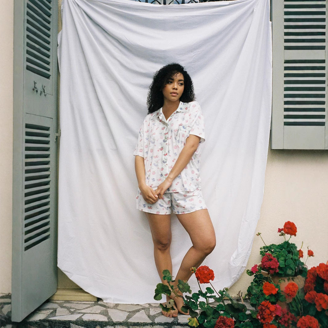 Short Sleeve Floral Print Slit Loose Short Sleeve Shorts Two Piece Sets Women Homewear - Iyanka