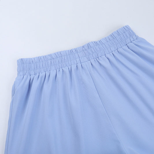 Loose Blue Long Sleeved Shirt Shorts Two Piece Sets Autumn Casual - Iyanka