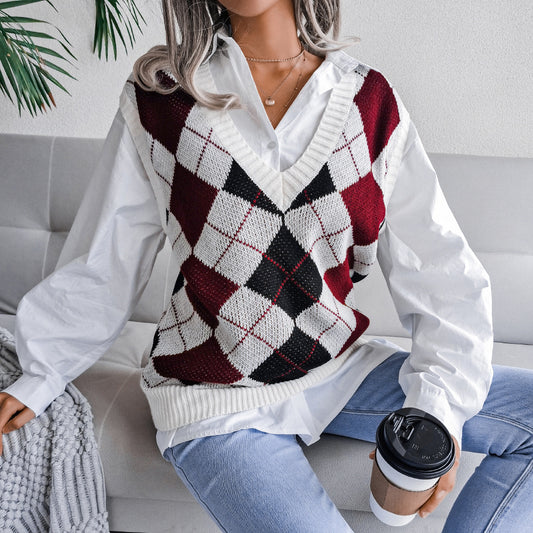 Autumn Winter College Rhombus V-neck Casual Loose Knit Vest Sweater Women Clothing - Iyanka