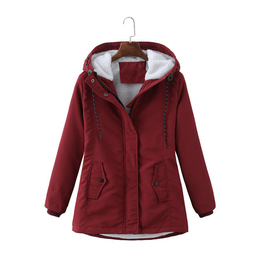 Ladies Hooded Lambswool Parka Winter Warm Waist Women Cotton-Padded Coat - Iyanka