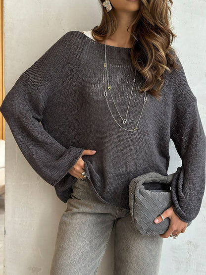 Simple Solid Color Long Sleeved Sweater Spring Knitted Hollow Out Cutout Top Casual Sweater - Iyanka