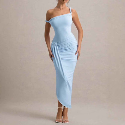 Product Diagonal Collar Sling Women Clothing Dress Sexy Pleated Slim Irregular Asymmetric Hem Dress
