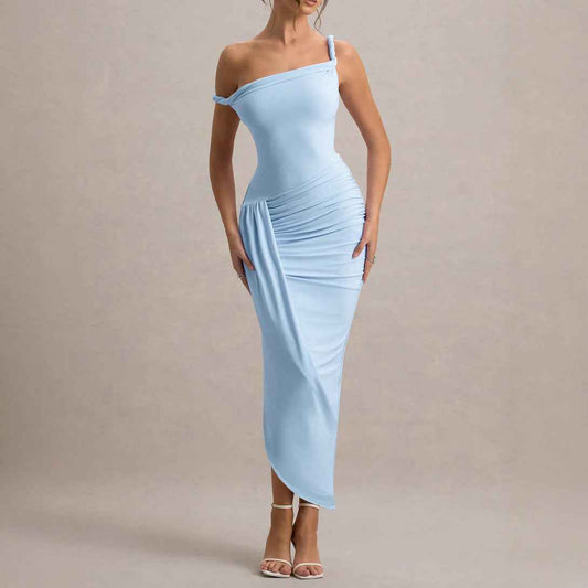 Product Diagonal Collar Sling Women Clothing Dress Sexy Pleated Slim Irregular Asymmetric Hem Dress