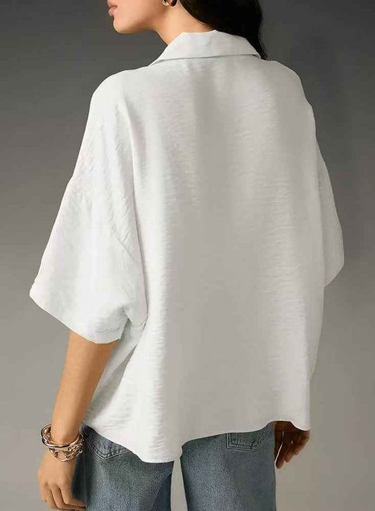 Women’s Summer Short Sleeve Collared Casual Loose Top – Solid Shirt