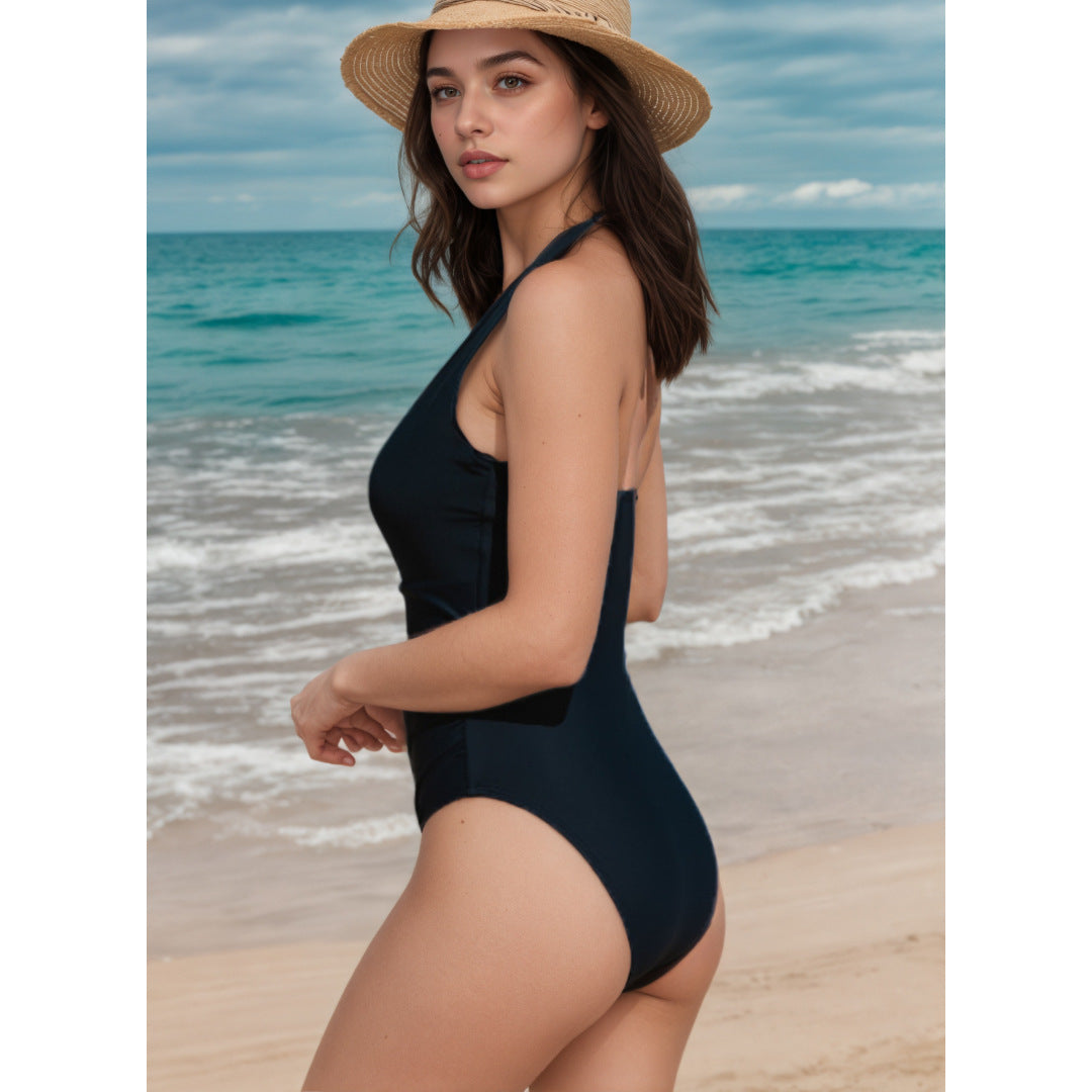 Solid Color Chest Push up Ring Bikini One Piece Swimsuit - Iyanka