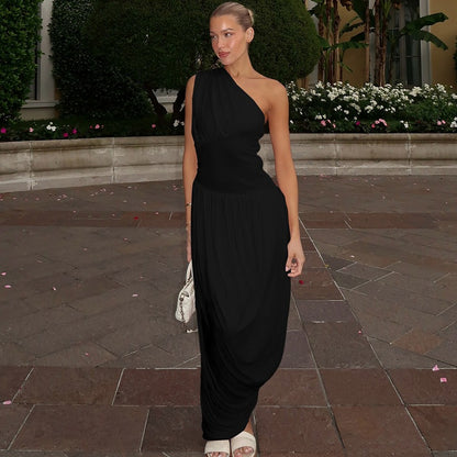 Women Wear Summer Sexy Pleated Stitching Solid Color Shoulder Dress Women