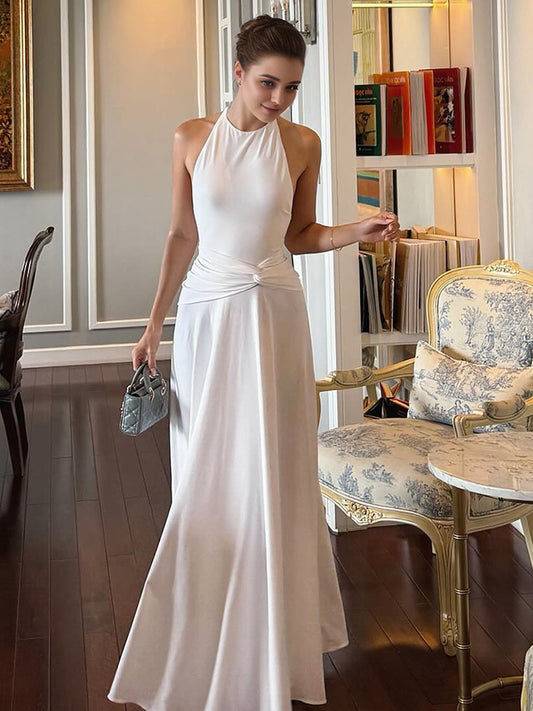 Women Clothing Solid Color Sleeveless Halter Backless Pleated A line Maxi Dress