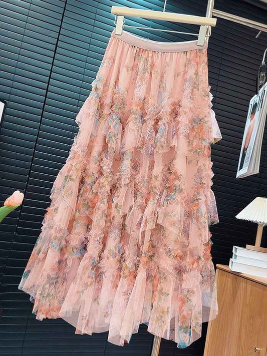 Heavy Industry Stitching Printing Net Yarn Cake Skirt Skirt Women Floral Puffy Long Skirt