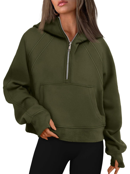 Half Zipper Pullover Hooded Sweatshirt Fleece Short Chic Scuba Sweater for Women - Iyanka