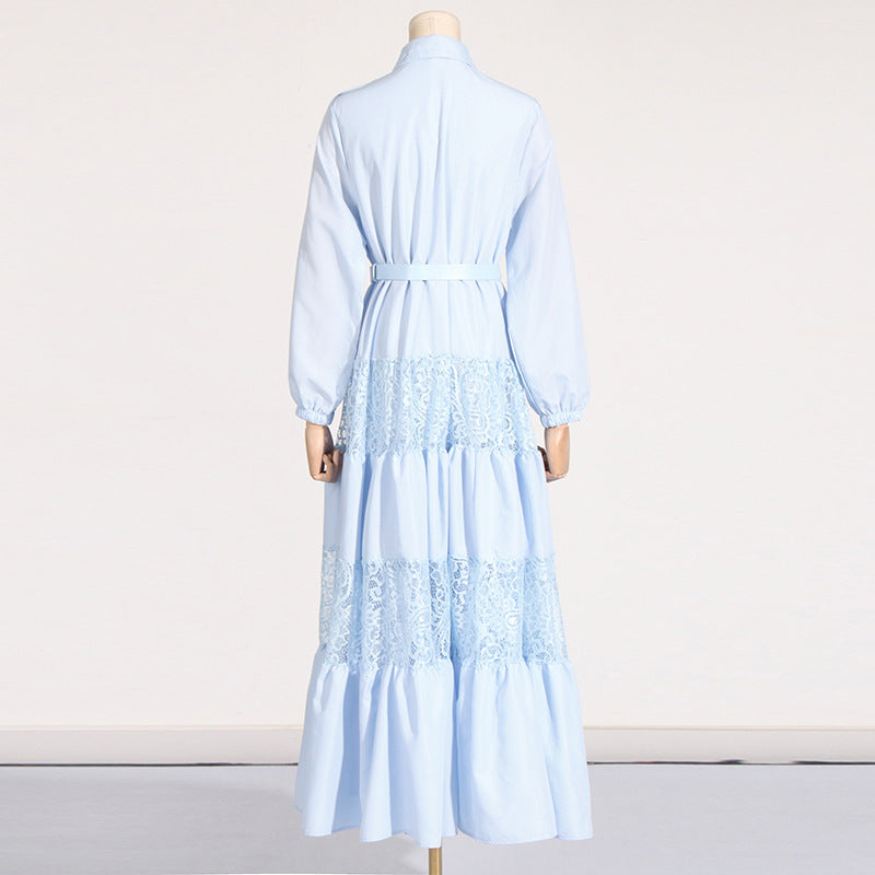 Socialite Elegant Dress Summer Collared Embroidery Water Soluble Floral Patchwork Waist Slimming Maxi Dress for Women