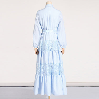 Socialite Elegant Dress Summer Collared Embroidery Water Soluble Floral Patchwork Waist Slimming Maxi Dress for Women