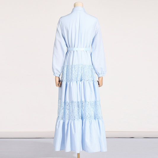 Socialite Elegant Dress Summer Collared Embroidery Water Soluble Floral Patchwork Waist Slimming Maxi Dress for Women