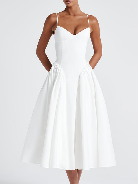 Summer Clothes Women Sexy V neck Strap Dress Long Women Clothing Fitted Waist Backless White Dress - Iyanka