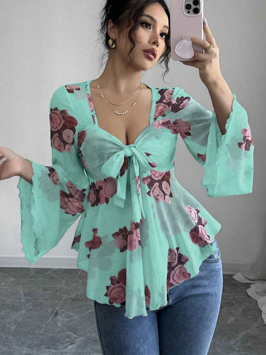 French Sweet Floral Blooming Lace up Square Collar Long Sleeve Shirt