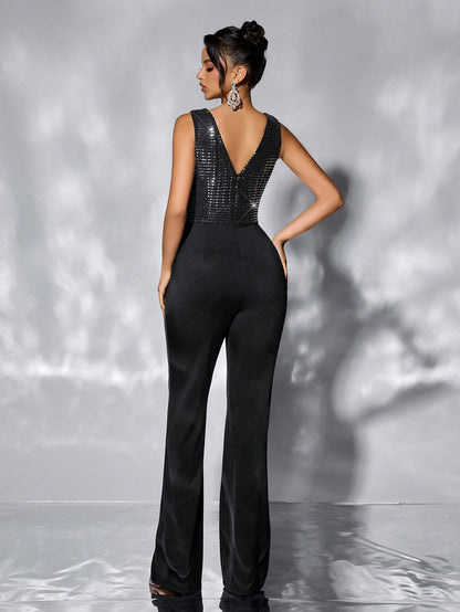 Women Casual Waist Tight Women Jumpsuit Loose Wide Leg Sequ Jumpsuit - Iyanka