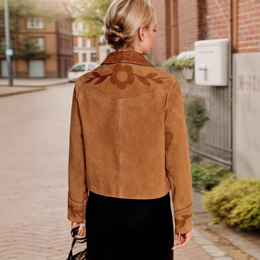 Elegant Retro Suede Floral Exquisite Decoration Embellished Collared Design Fashionable All Match Short Coat - Iyanka