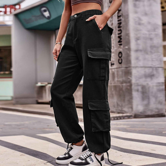 Women Loose Drawstring Design Denim Overalls Casual Sports