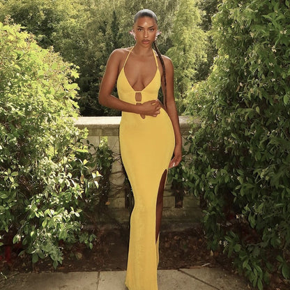 Summer Women Clothing Sexy Hollow Out Cutout out Backless V neck Slim Fit Slit Solid Color Long Halter Dress Women