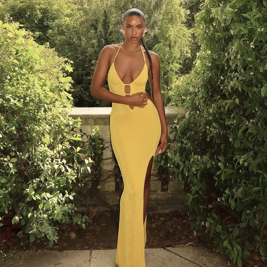 Summer Women Clothing Sexy Hollow Out Cutout out Backless V neck Slim Fit Slit Solid Color Long Halter Dress Women