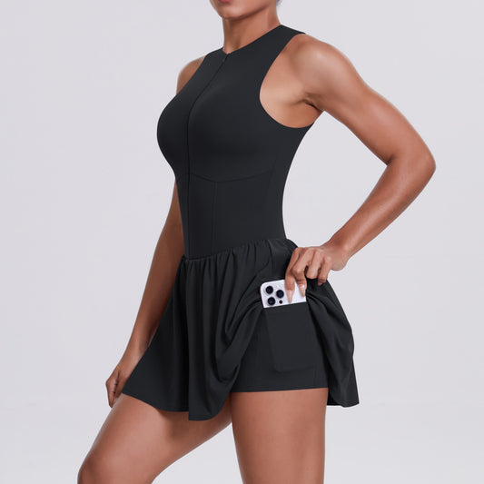 Cloud Sense Faux Two Pieces Zipped Stand Collar Dress Outdoor Running Anti Exposure Pocket Leggings Tennis Dress Women - Iyanka