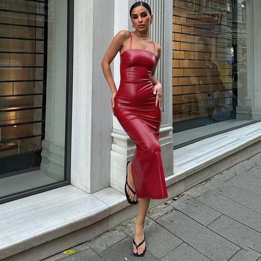 Women Clothing Summer Faux Leather Sexy Backless Lace Up Tight Waist Sheath Split Sling Dress - Iyanka