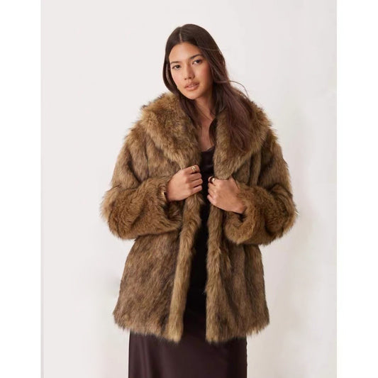 Women Fur Coat Imitation Raccoon Fur Mid Length Coat Faux Fur Long Sleeve Winter Warm Tops - Iyanka