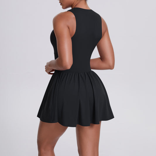 Cloud Sense Faux Two Pieces Zipped Stand Collar Dress Outdoor Running Anti Exposure Pocket Leggings Tennis Dress Women - Iyanka