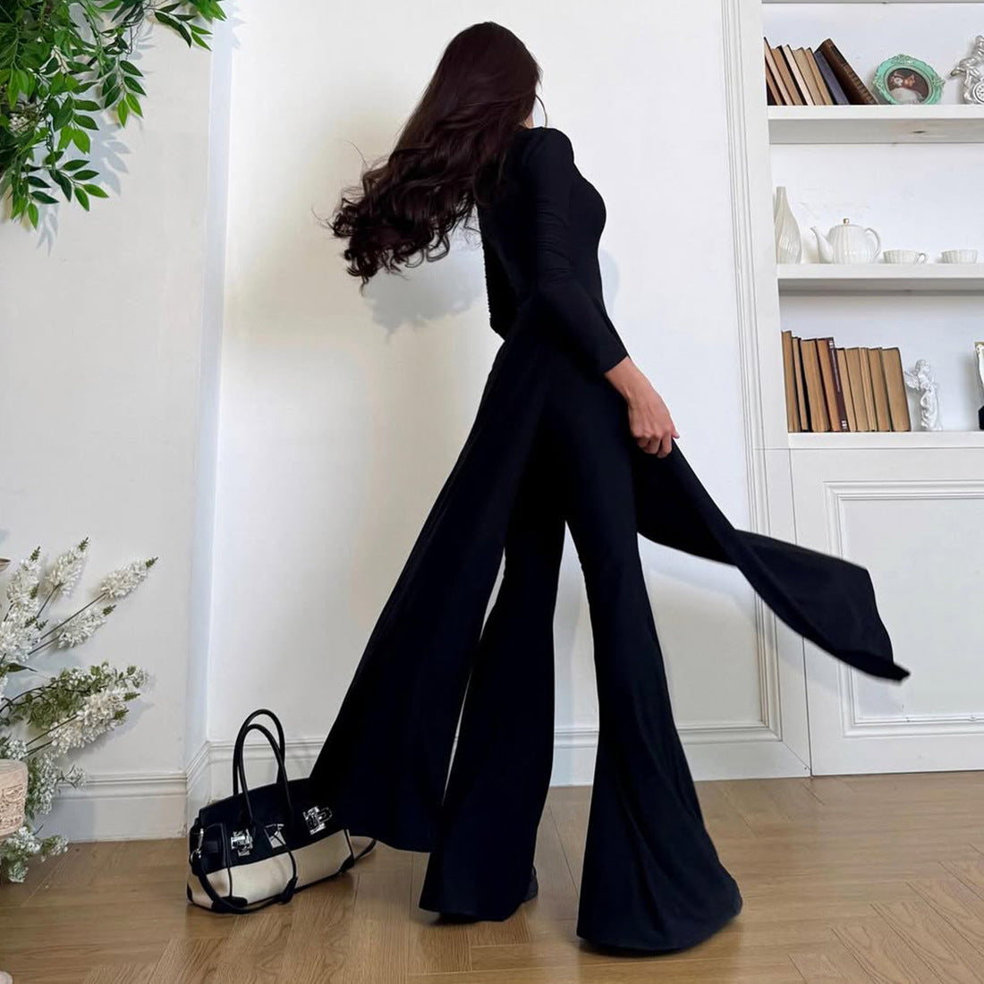 Women Clothing Casual Solid Color Crew Neck Split Long Sleeve Slim Fit Bootcut Pants Two Piece Sets - Iyanka