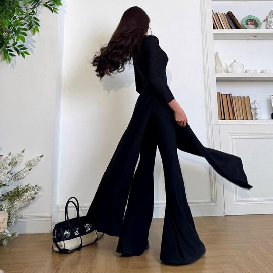 Women Clothing Casual Solid Color Crew Neck Split Long Sleeve Slim Fit Bootcut Pants Two Piece Sets - Iyanka