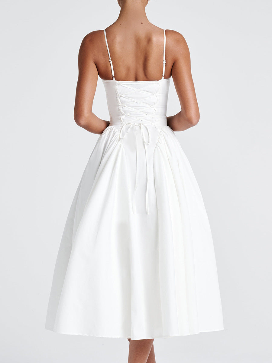 Summer Clothes Women Sexy V neck Strap Dress Long Women Clothing Fitted Waist Backless White Dress - Iyanka