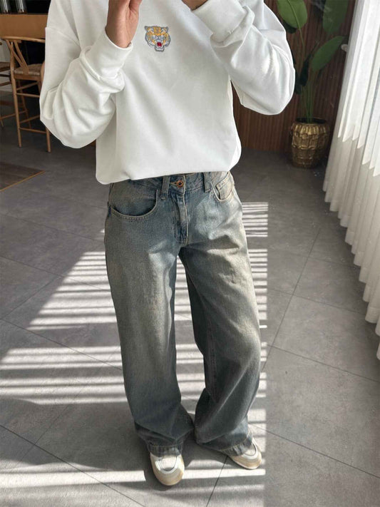 Ladies Retro Micro Elastic Heavy Industry Wash Straight Wide Leg Loose Denim Trousers