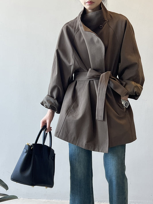 Retro Elegant Mid Length Trench Coat Women Spring Loose Waist Stand Collar Top - Iyanka