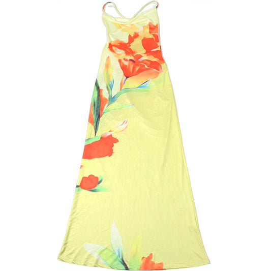 Summer Women Elegant Halter Swing Collar Contrast Color Floral Print Slim Fit Sheath Dress